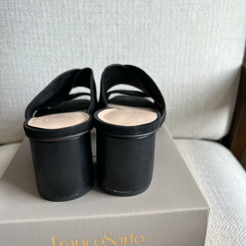 Franco Sarto Black Leather Sandals Mules with Block Heel Size 8.5